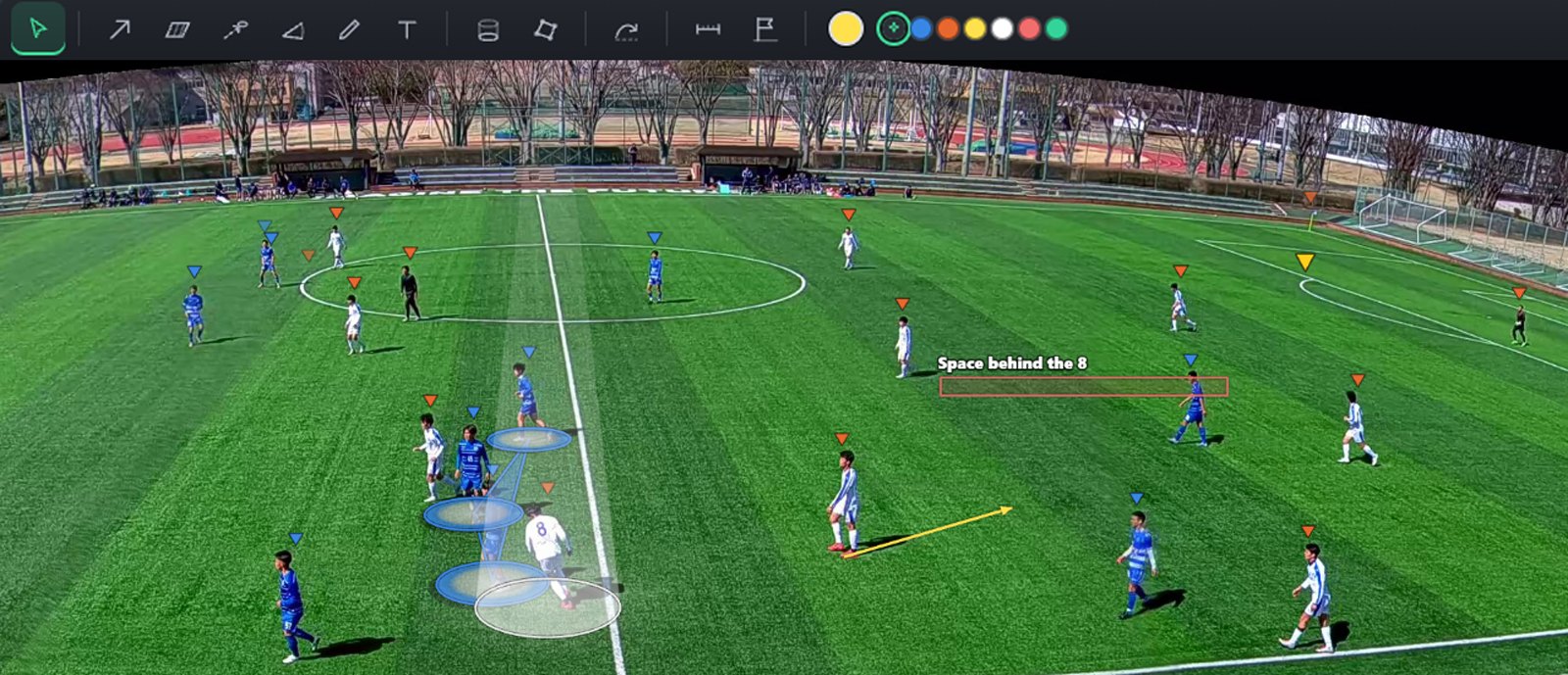 The viewer's drawing tools above a match with drawings on it: an arrow into space, a spotlight on one player, three linked players and a labelled area